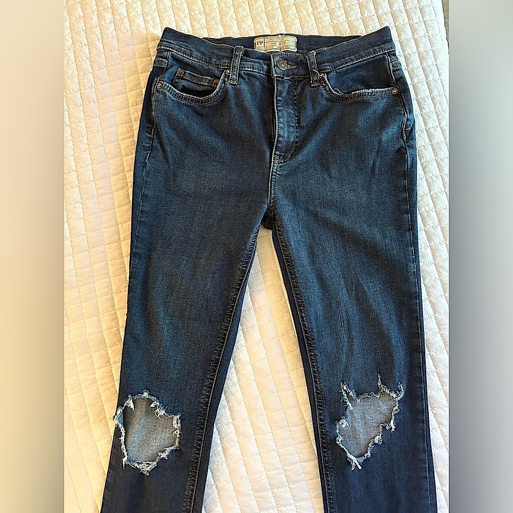 Free People High Rise Busted Skinny Jeans Dark Blue Wash